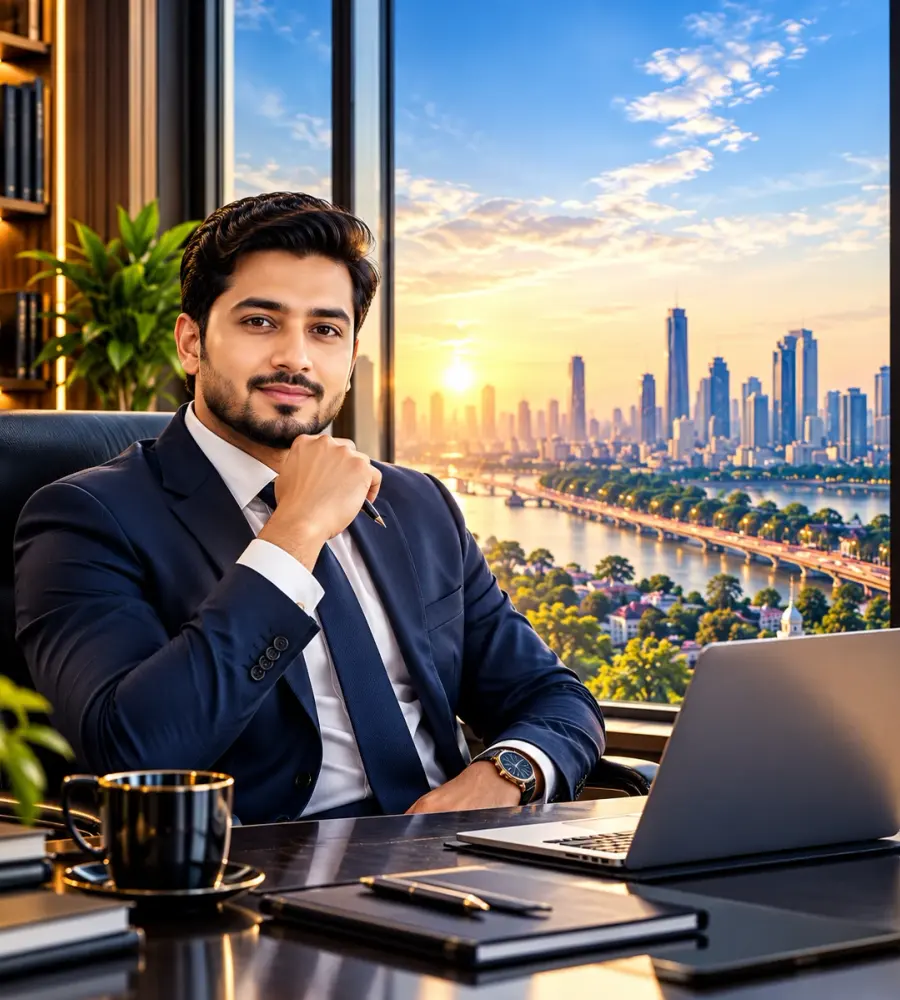 A RizSync advisor at a desk overlooking the city skyline